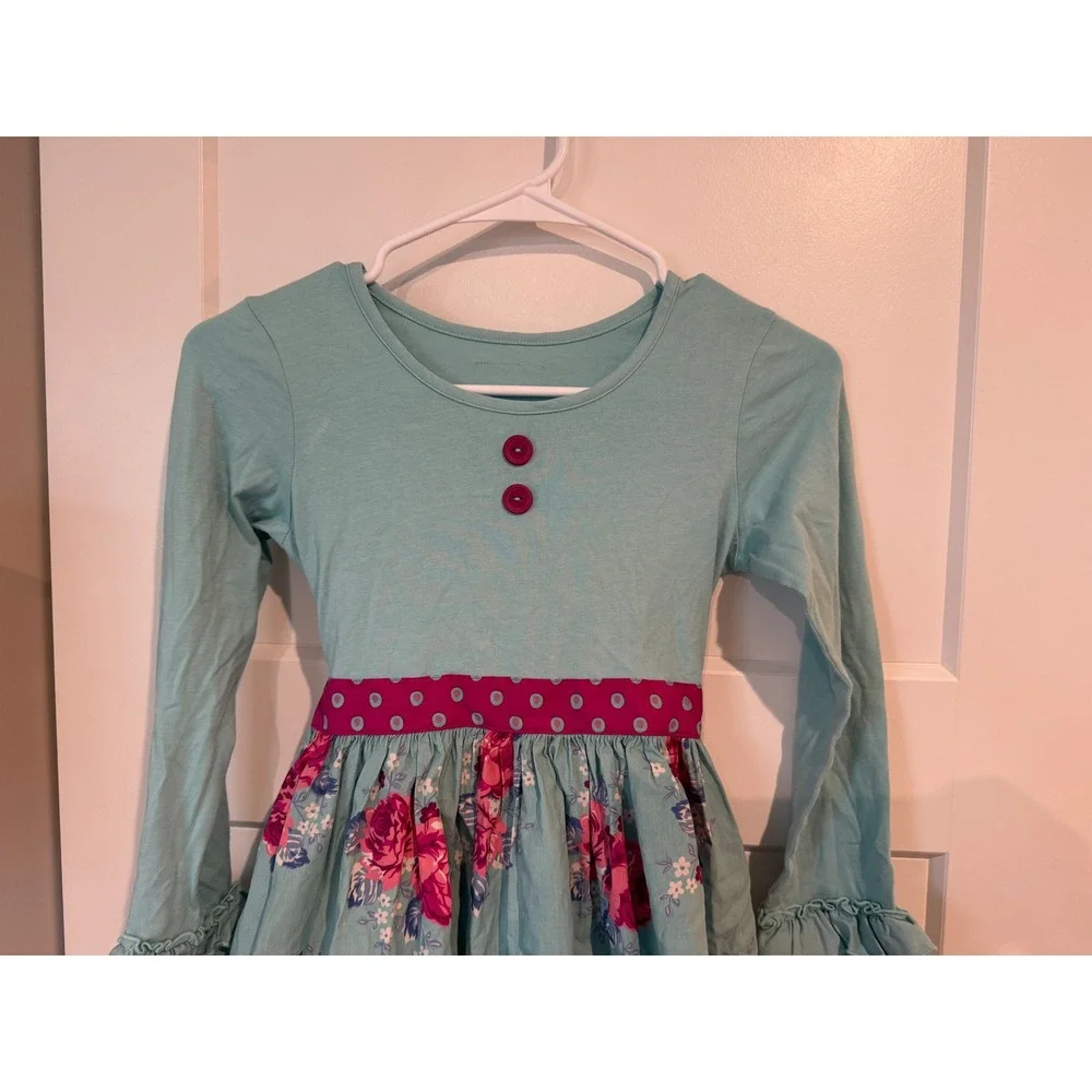 Eleanor Rose Rhonda Dress Girls Size 8-10 Aqua Pink Floral Ruffle Long Sleeve